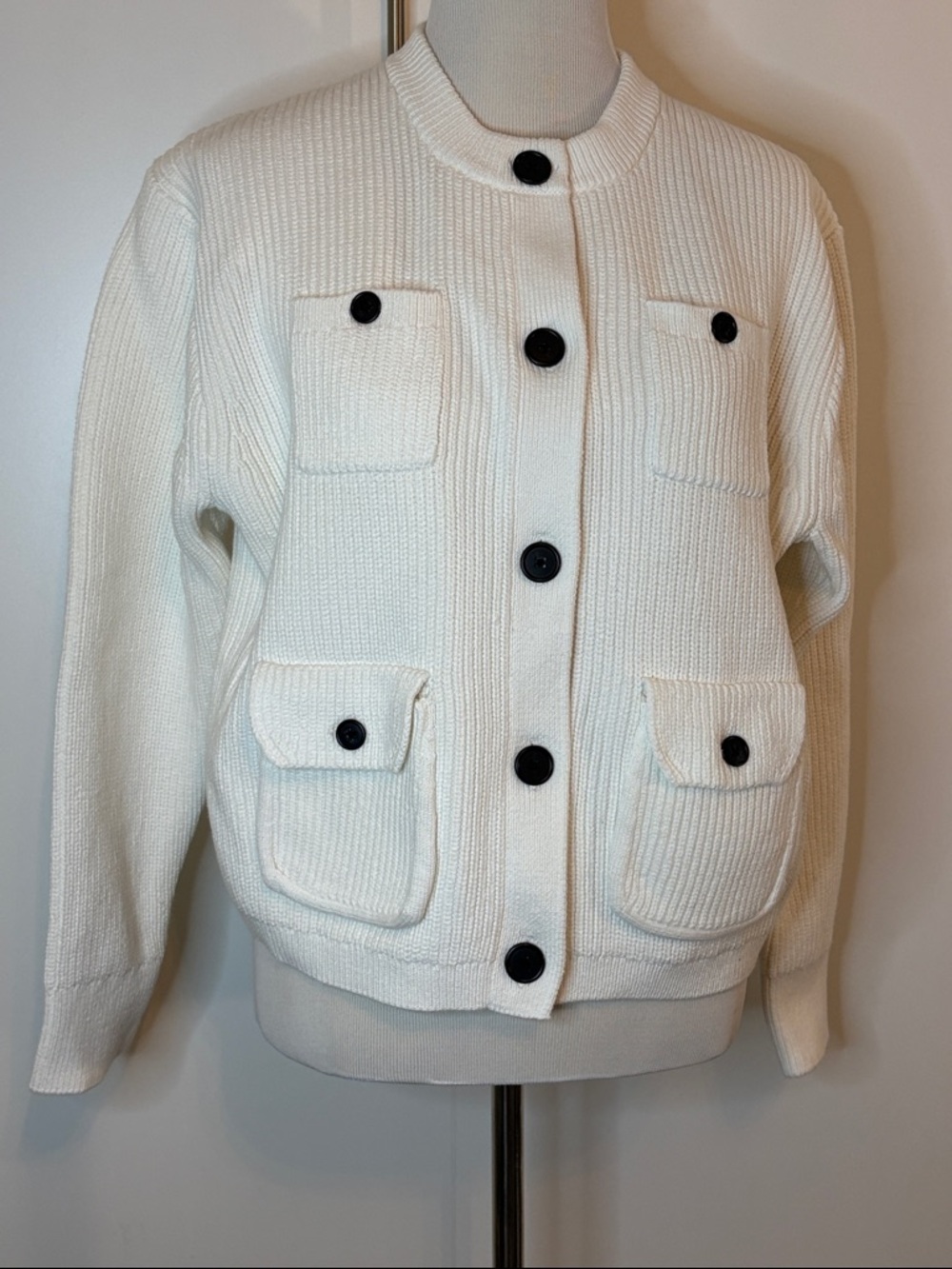 J. Crew White Cotton Knit Button-Front Cardigan with Black Buttons | L NWOT